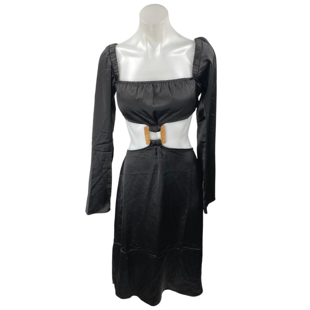 NEW WeWoreWhat Black Long Puff Sleeve Cutout Waist A Line Midi Dress Size XS